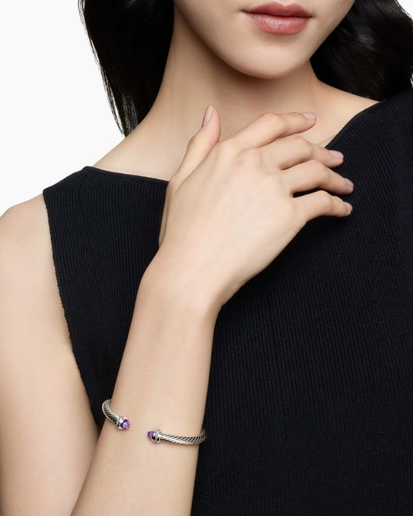 Classic Cable Bracelet in Sterling Silver with Amethyst and Diamonds, 5mm
