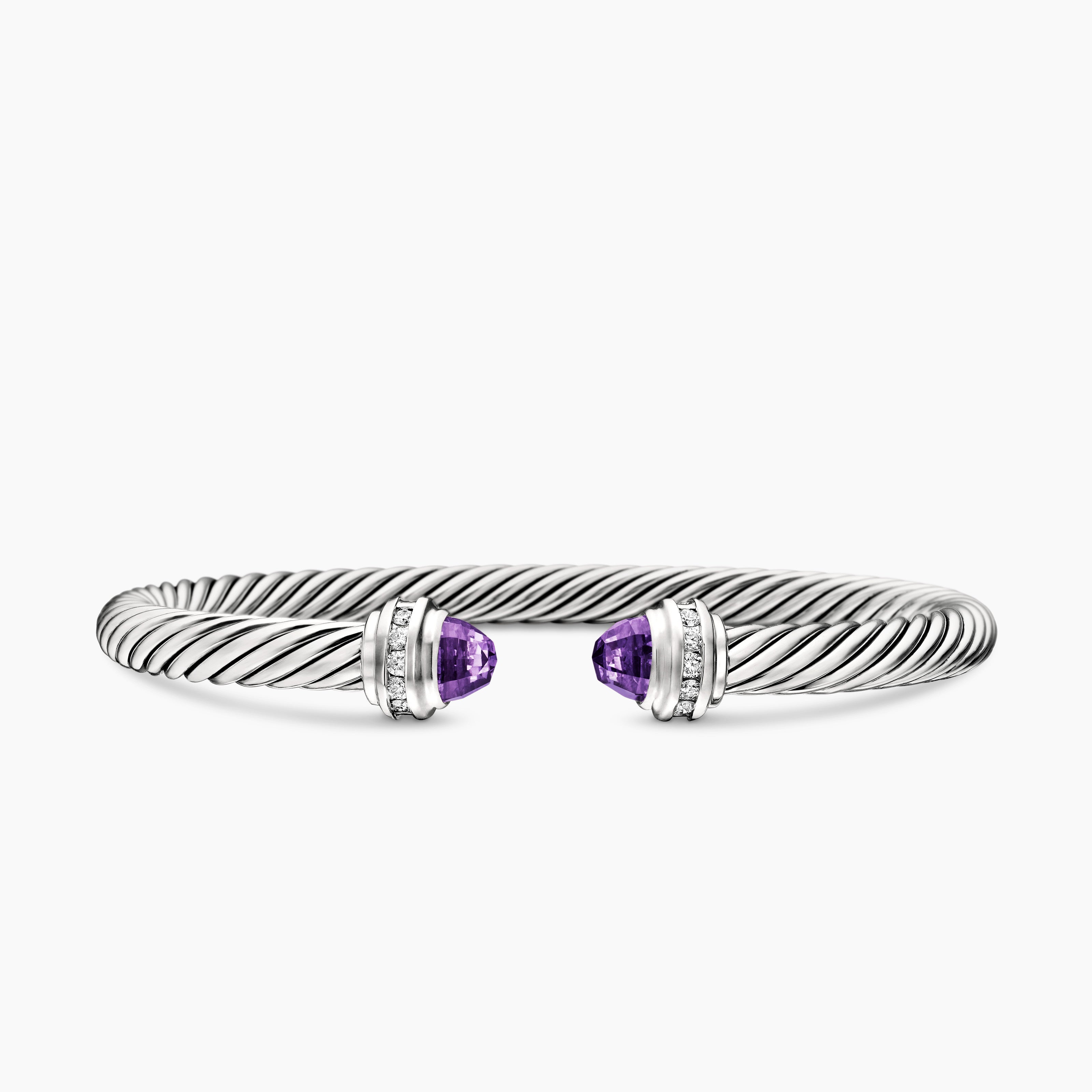 Womens Classic Cable Bracelet in Sterling Silver with Diamonds, 5mm