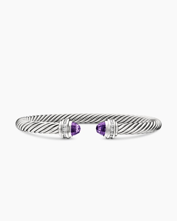 Classic Cable Bracelet in Sterling Silver with Amethyst and Diamonds, 5mm