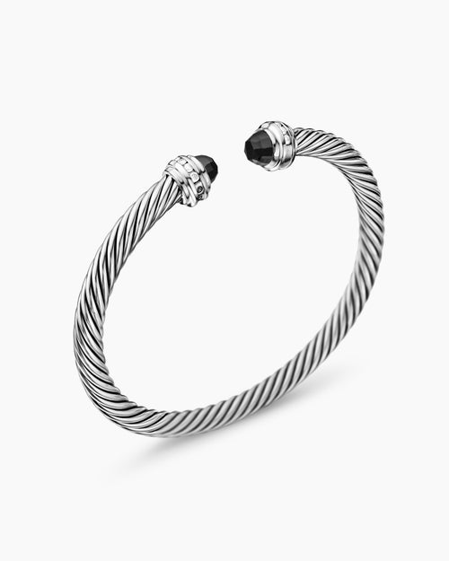 Womens Classic Cable Bracelet in Sterling Silver with Black Onyx and Diamonds, 5mm