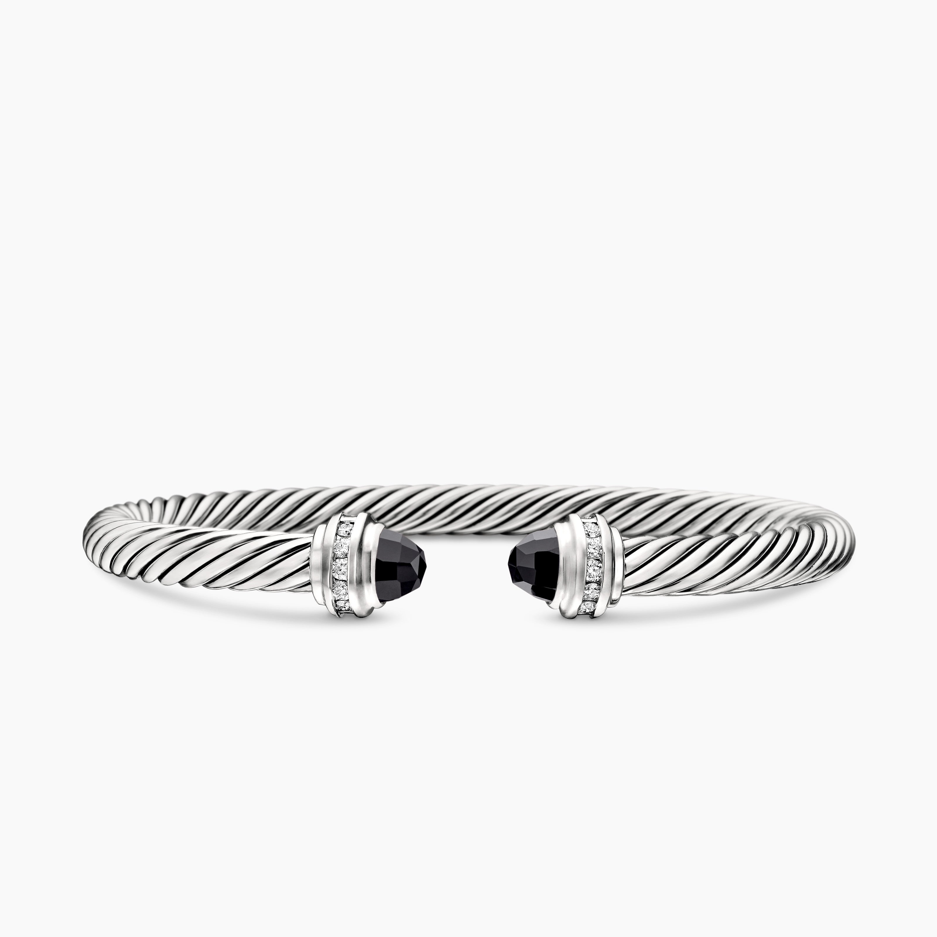 Womens Classic Cable Bracelet in Sterling Silver with Diamonds, 5mm