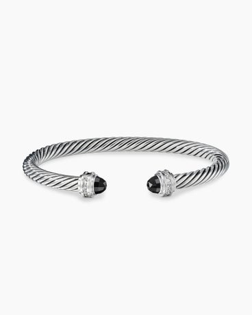 Bracelet « Cable » classique en argent massif avec onyx noir et diamants, 5 mm