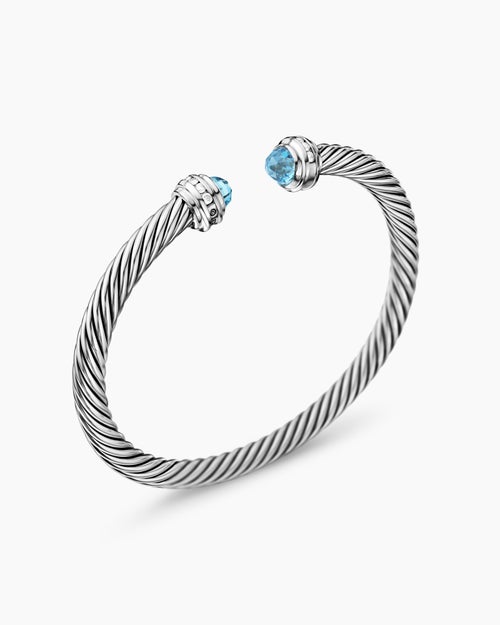 Womens Classic Cable Bracelet in Sterling Silver with Blue Topaz and Diamonds, 5mm