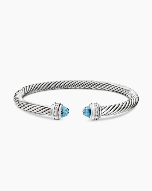 Womens Classic Cable Bracelet in Sterling Silver with Blue Topaz and Diamonds, 5mm