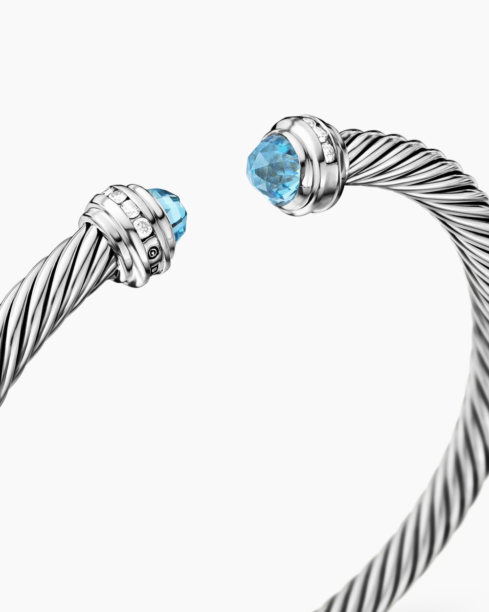 Womens Classic Cable Bracelet in Sterling Silver with Blue Topaz and Diamonds, 5mm
