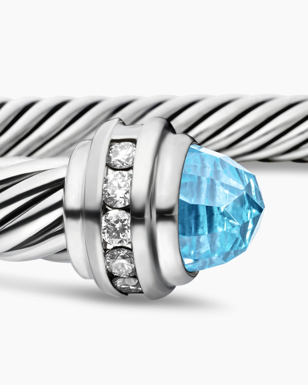 Womens Classic Cable Bracelet in Sterling Silver with Blue Topaz and Diamonds, 5mm