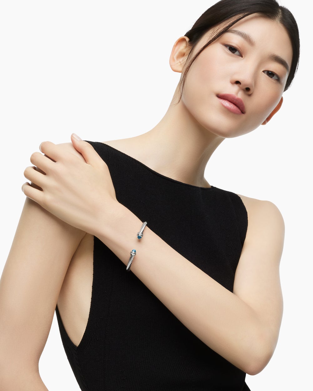 Womens Classic Cable Bracelet in Sterling Silver with Blue Topaz and Diamonds, 5mm