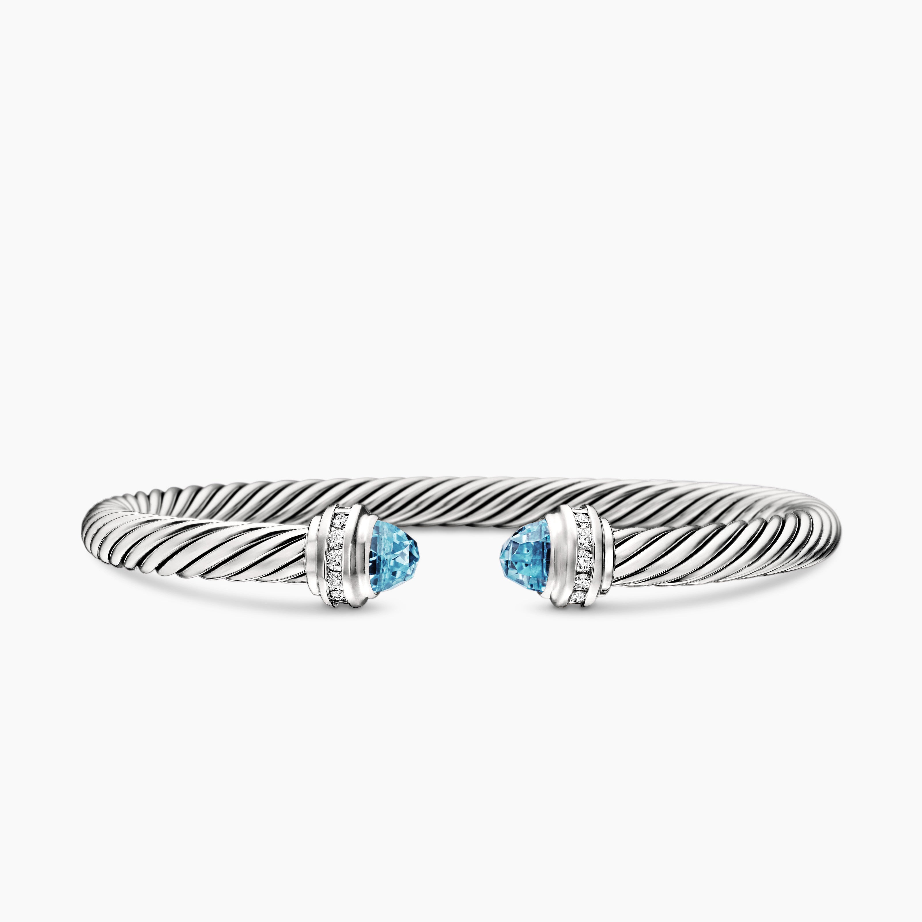 Womens Classic Cable Bracelet in Sterling Silver with Blue Topaz and Diamonds, 5mm