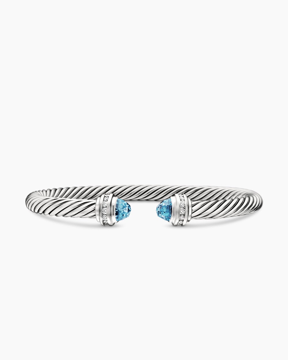 Womens Classic Cable Bracelet in Sterling Silver with Blue Topaz and Diamonds, 5mm