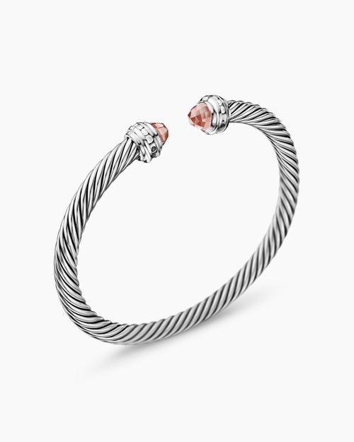 Womens Classic Cable Bracelet in Sterling Silver with Morganite and Diamonds, 5mm