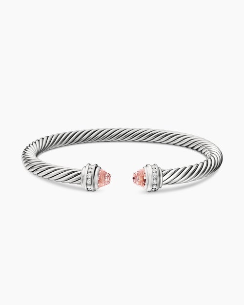 Womens Classic Cable Bracelet in Sterling Silver with Morganite and Diamonds, 5mm