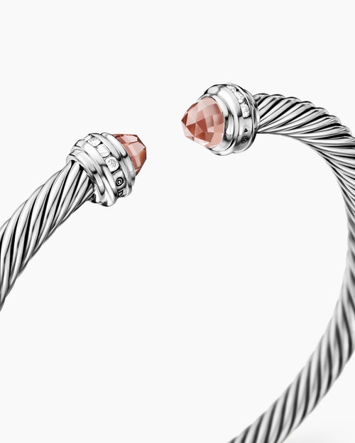 Womens Classic Cable Bracelet in Sterling Silver with Morganite and Diamonds, 5mm