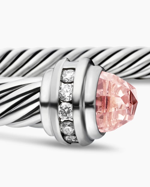 Womens Classic Cable Bracelet in Sterling Silver with Morganite and Diamonds, 5mm