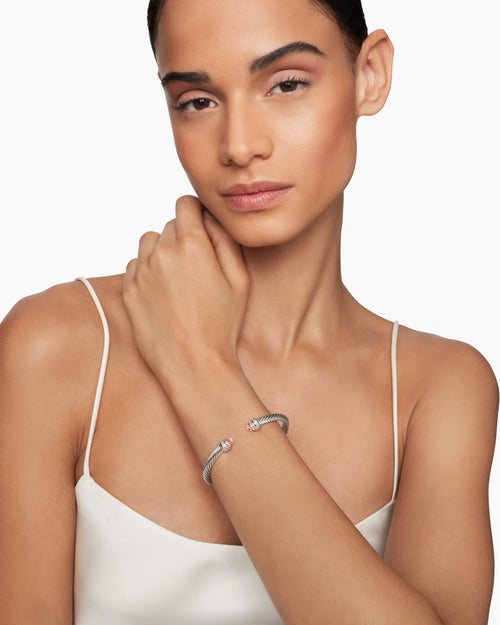 Womens Classic Cable Bracelet in Sterling Silver with Morganite and Diamonds, 5mm