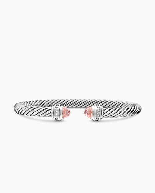 Womens Classic Cable Bracelet in Sterling Silver with Morganite and Diamonds, 5mm
