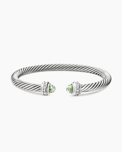 Womens Classic Cable Bracelet in Sterling Silver with Prasiolite and Diamonds, 5mm
