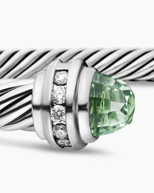 Womens Classic Cable Bracelet in Sterling Silver with Prasiolite and Diamonds, 5mm