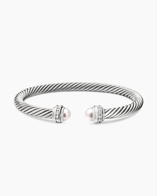 Womens Classic Cable Bracelet in Sterling Silver with Pearls and Diamonds, 5mm