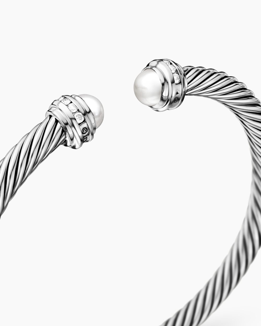 Womens Classic Cable Bracelet in Sterling Silver with Pearls and Diamonds, 5mm