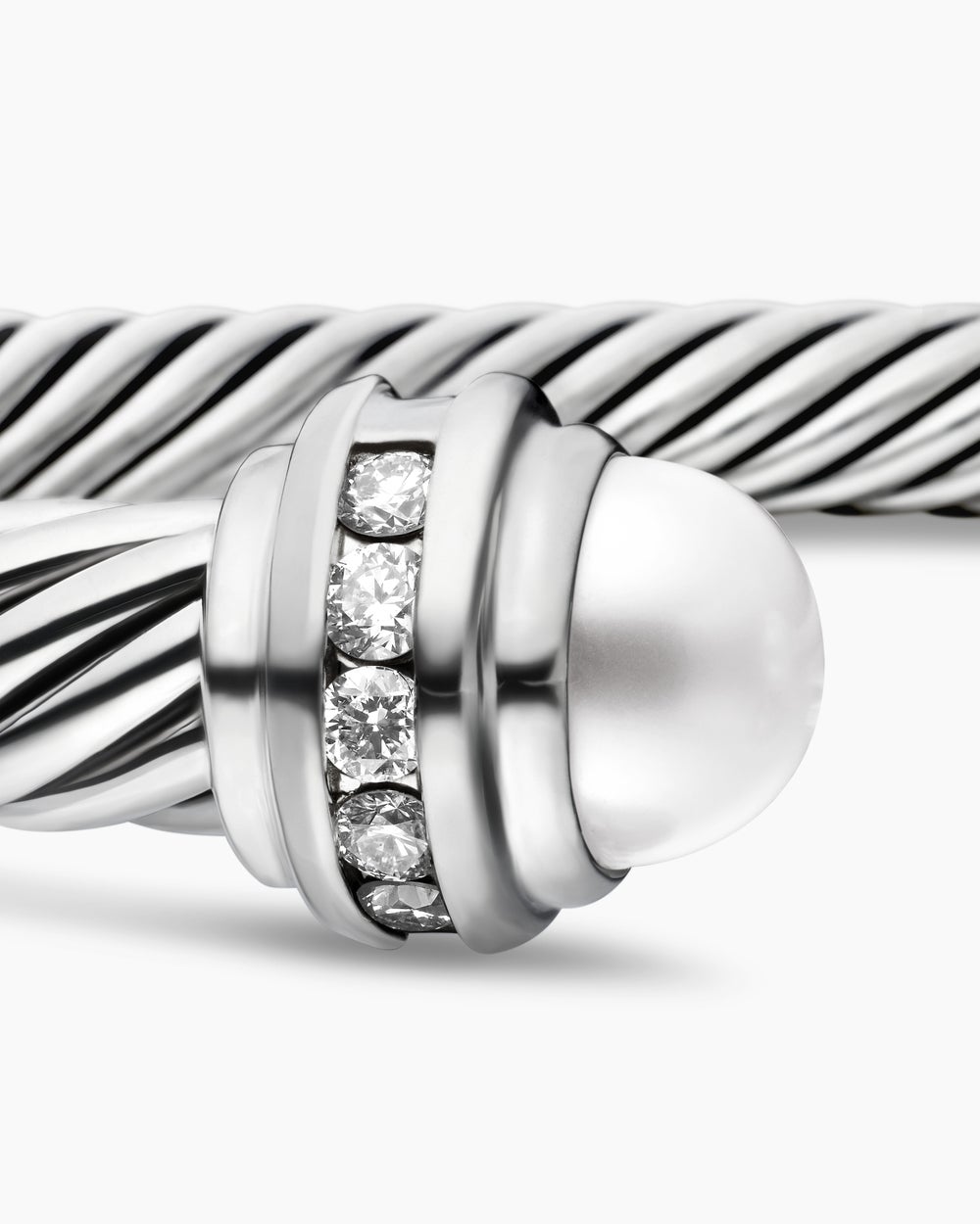 Womens Classic Cable Bracelet in Sterling Silver with Pearls and Diamonds, 5mm