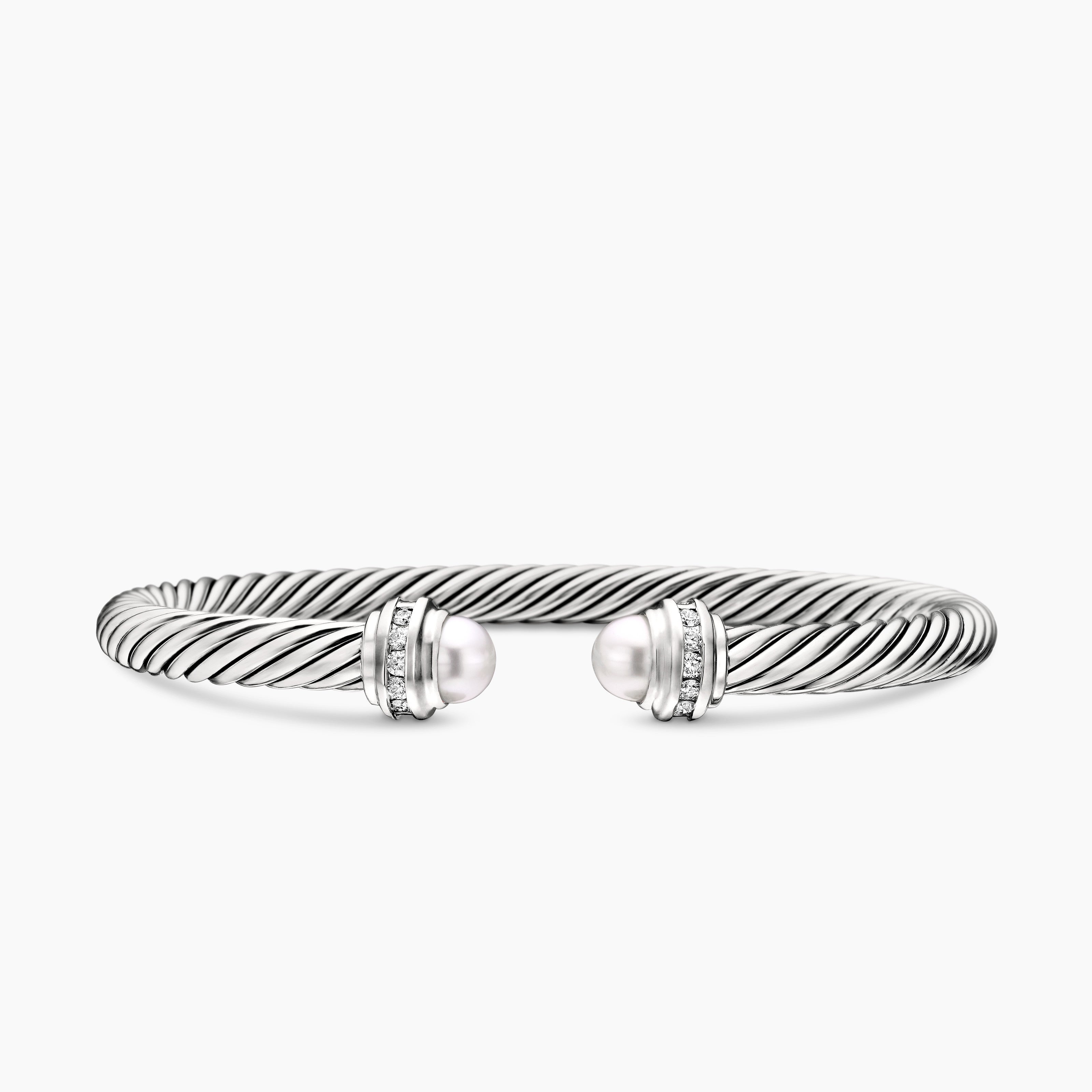 Womens Classic Cable Bracelet in Sterling Silver with Diamonds, 5mm