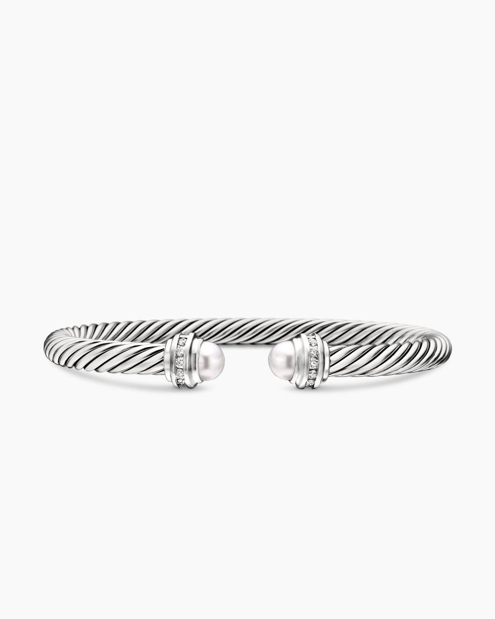 Womens Classic Cable Bracelet in Sterling Silver with Pearls and Diamonds, 5mm