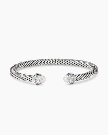 Classic Cable Bracelet in Sterling Silver with Pearls and Diamonds, 5mm