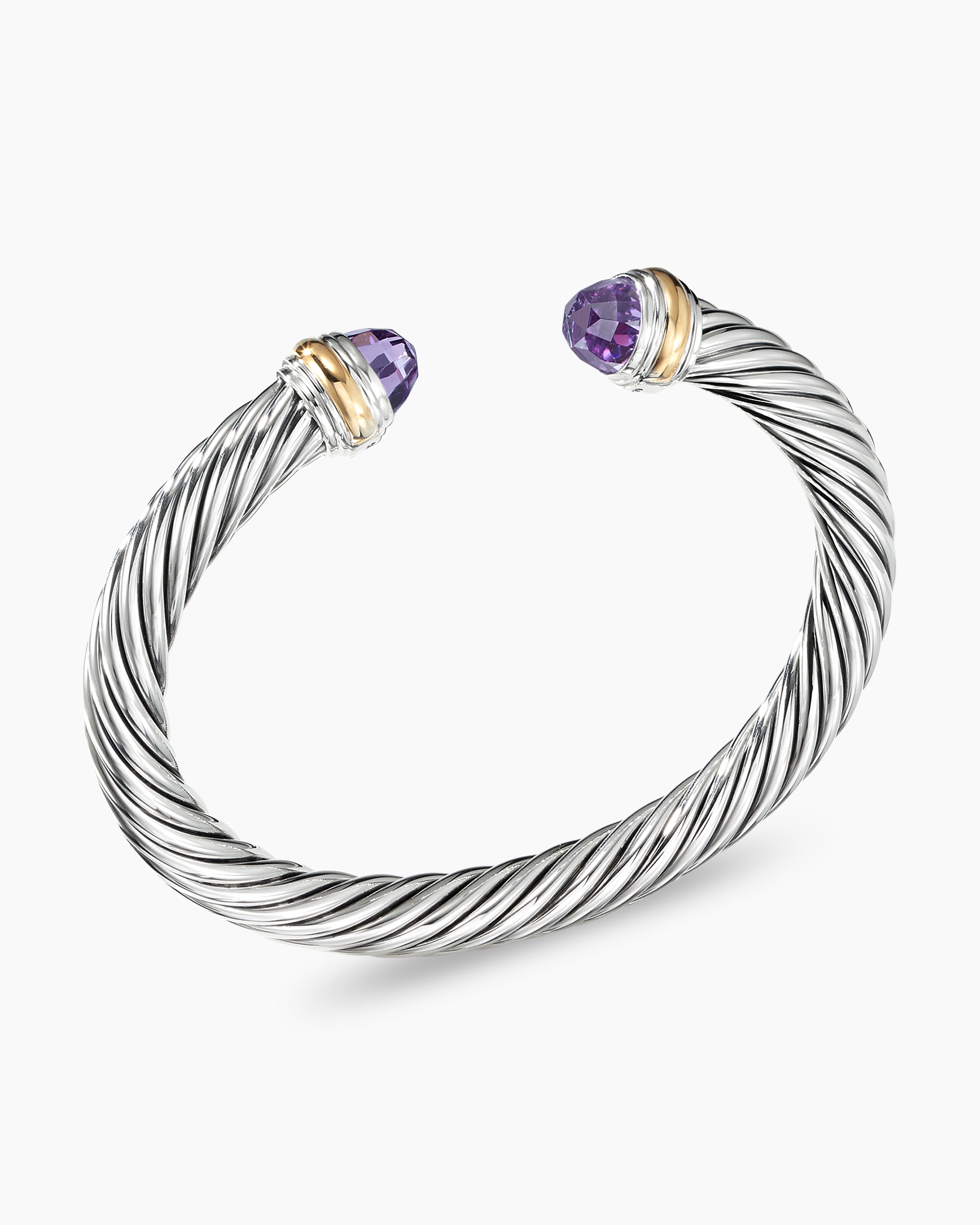 David Yurman Classic Cable Bracelet in Sterling Silver with 14K Yellow Gold and Amethyst, 7mm Women's Size Large