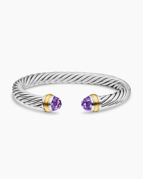 Womens Classic Cable Bracelet in Sterling Silver with 14K Yellow Gold and Amethyst, 7mm