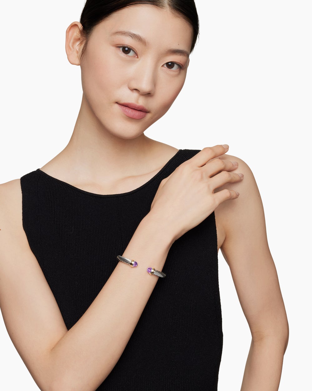 Womens Classic Cable Bracelet in Sterling Silver with 14K Yellow Gold, 7mm