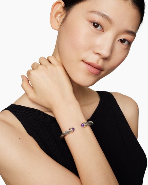 Womens Classic Cable Bracelet in Sterling Silver with 14K Yellow Gold, 7mm