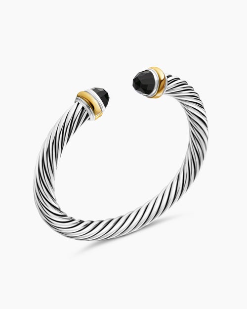 Womens Classic Cable Bracelet in Sterling Silver with 14K Yellow Gold and Black Onyx, 7mm