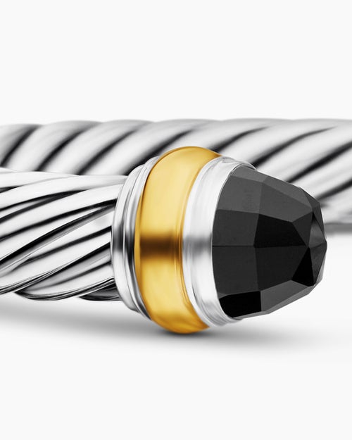Womens Classic Cable Bracelet in Sterling Silver with 14K Yellow Gold and Black Onyx, 7mm