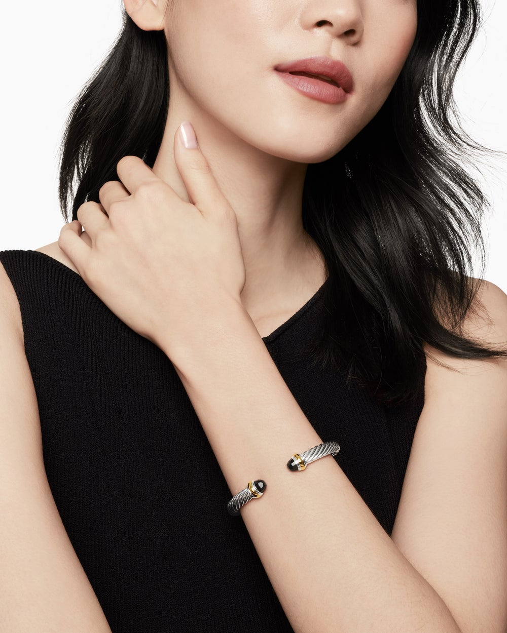 Womens Classic Cable Bracelet in Sterling Silver with 14K Yellow Gold, 7mm