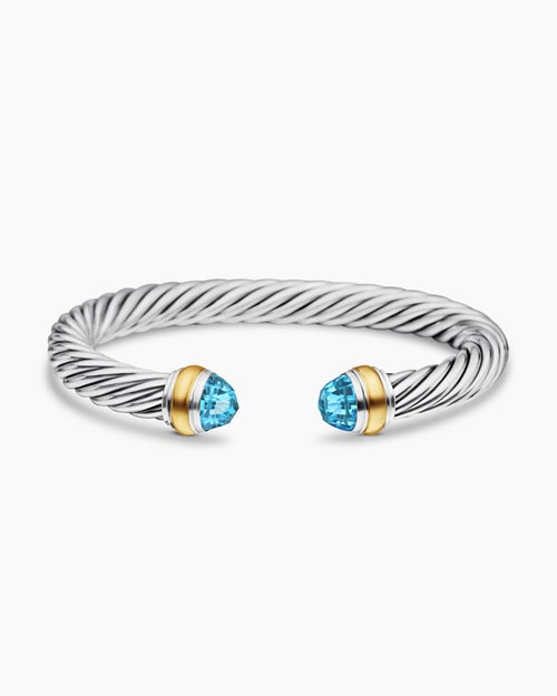 Womens Classic Cable Bracelet in Sterling Silver with 14K Yellow Gold and Blue Topaz, 7mm