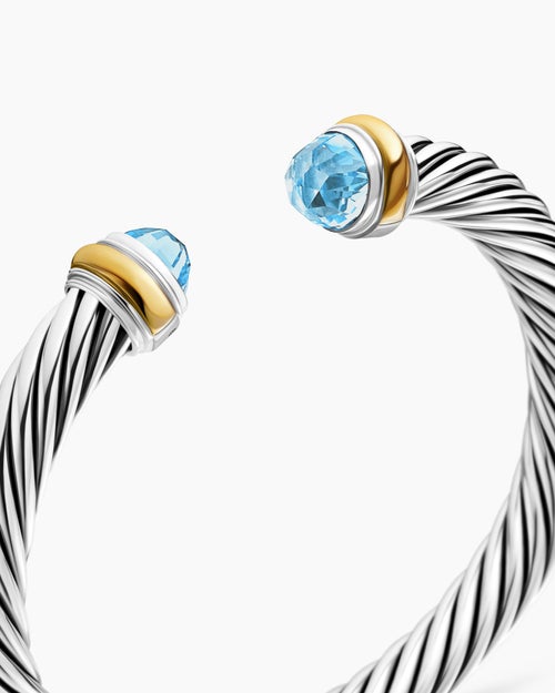 Womens Classic Cable Bracelet in Sterling Silver with 14K Yellow Gold and Blue Topaz, 7mm
