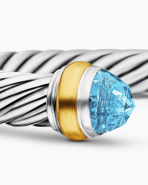 Womens Classic Cable Bracelet in Sterling Silver with 14K Yellow Gold and Blue Topaz, 7mm