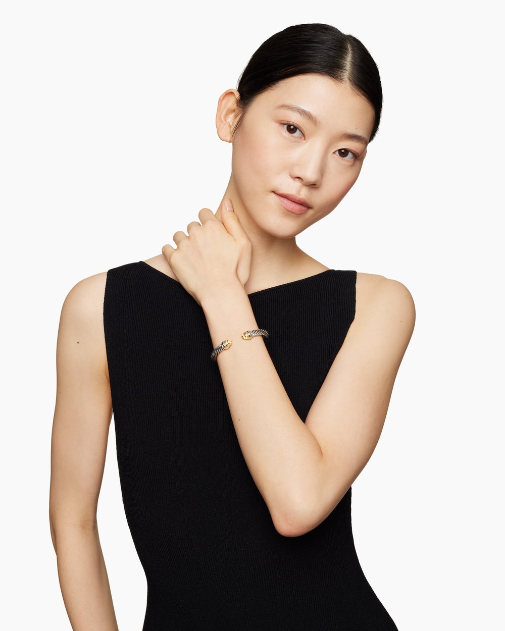 Womens Classic Cable Bracelet in Sterling Silver with 14K Yellow Gold, 7mm