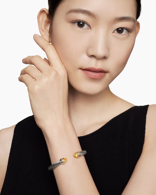 Womens Classic Cable Bracelet in Sterling Silver with 14K Yellow Gold and Citrine, 7mm