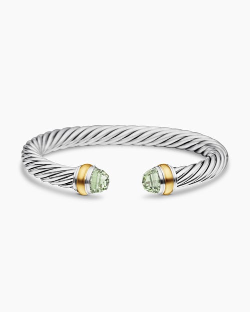 Womens Classic Cable Bracelet in Sterling Silver with 14K Yellow Gold and Prasiolite, 7mm