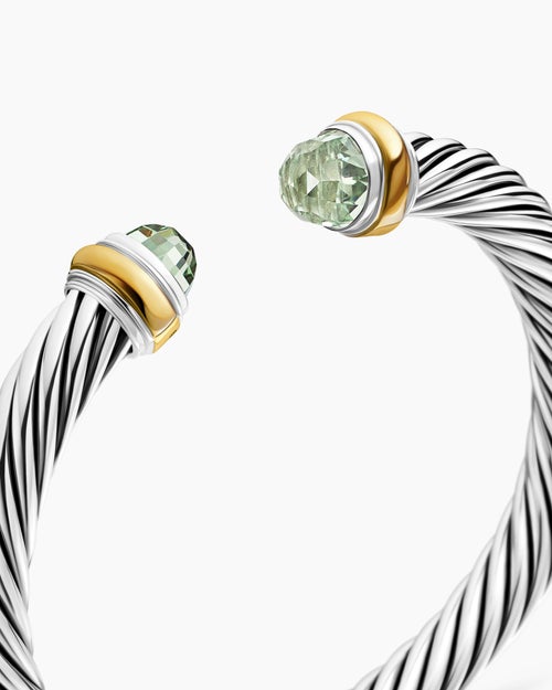 Womens Classic Cable Bracelet in Sterling Silver with 14K Yellow Gold and Prasiolite, 7mm