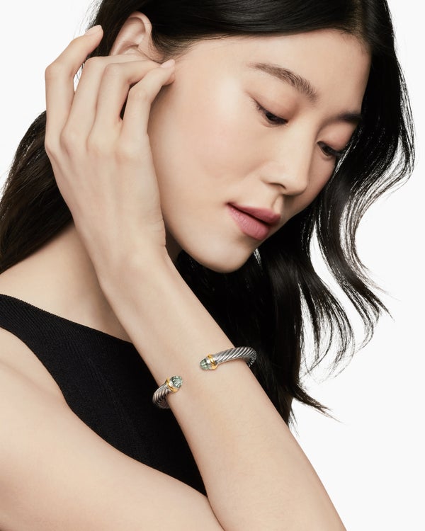 Classic Cable Bracelet in Sterling Silver with 14K Yellow Gold and Blue Topaz, 7mm