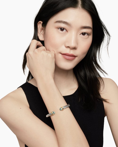 Womens Classic Cable Bracelet in Sterling Silver with 14K Yellow Gold and Prasiolite, 7mm