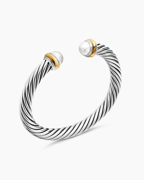 Womens Classic Cable Bracelet in Sterling Silver with 14K Yellow Gold and Pearls, 7mm