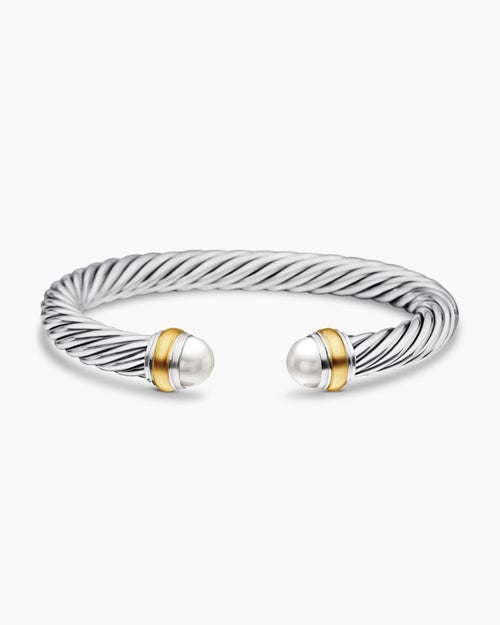 Womens Classic Cable Bracelet in Sterling Silver with 14K Yellow Gold and Pearls, 7mm