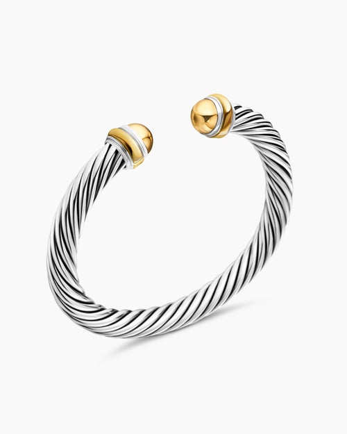 Womens Classic Cable Bracelet in Sterling Silver with 14K Yellow Gold Domes, 7mm