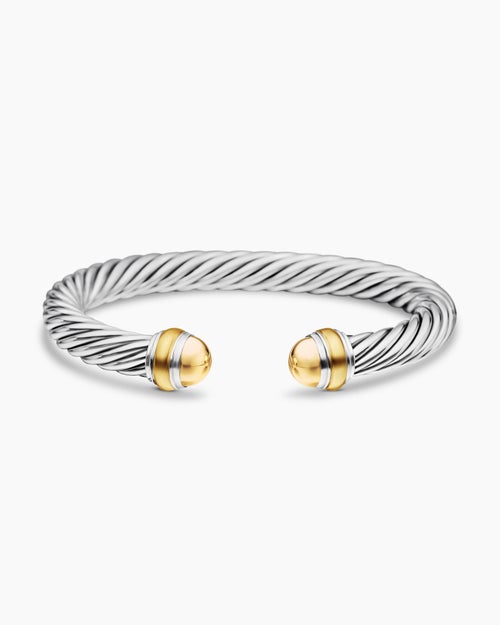 Womens Classic Cable Bracelet in Sterling Silver with 14K Yellow Gold Domes, 7mm