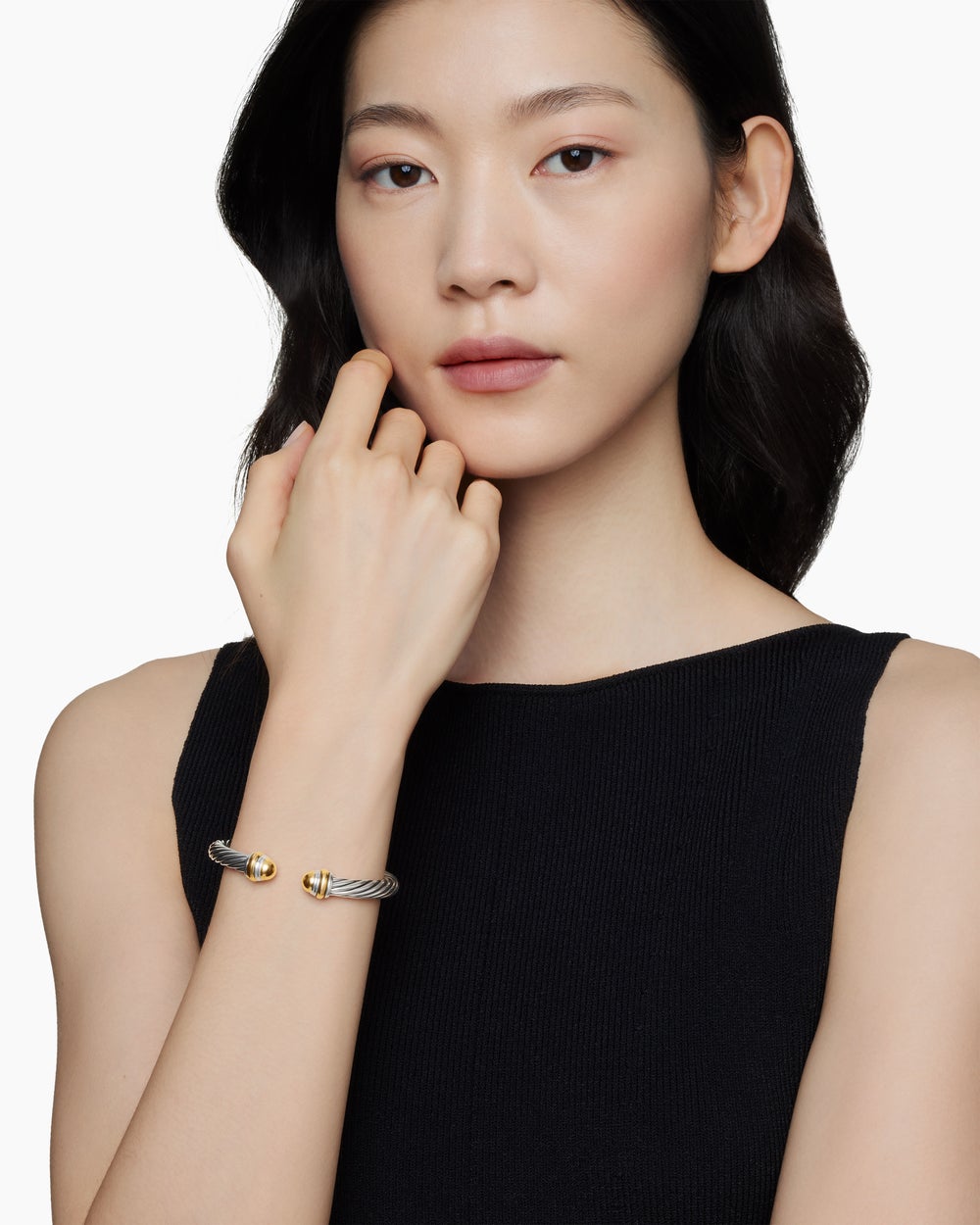Womens Classic Cable Bracelet in Sterling Silver with 14K Yellow Gold, 7mm