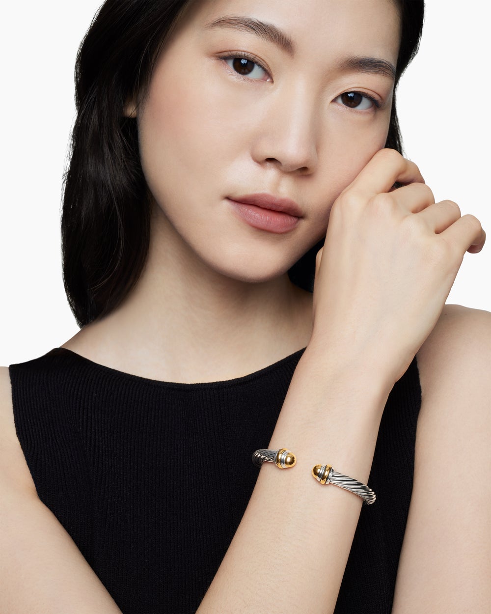 Womens Classic Cable Bracelet in Sterling Silver with 14K Yellow Gold, 7mm
