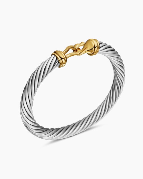 Womens Buckle Classic Cable Bracelet in Sterling Silver with 14K Yellow Gold, 7mm